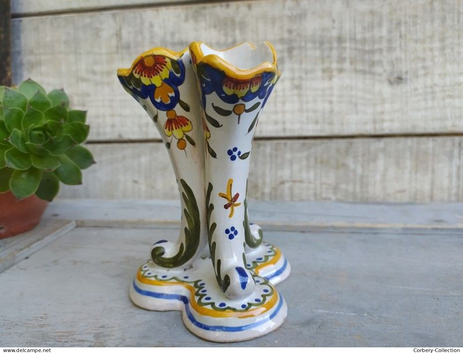 Ancien Vase Bouquetière Faïence H.D Tours Corne d’Abondance