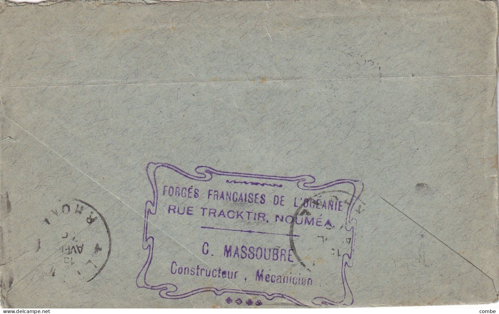 LETTRE. 1916. NOUVELLE CALEDONIE. C MASSOUBRE FORGES FRANCAISES DE L'OCEANIE NOUMEA  POUR LYON - Storia Postale