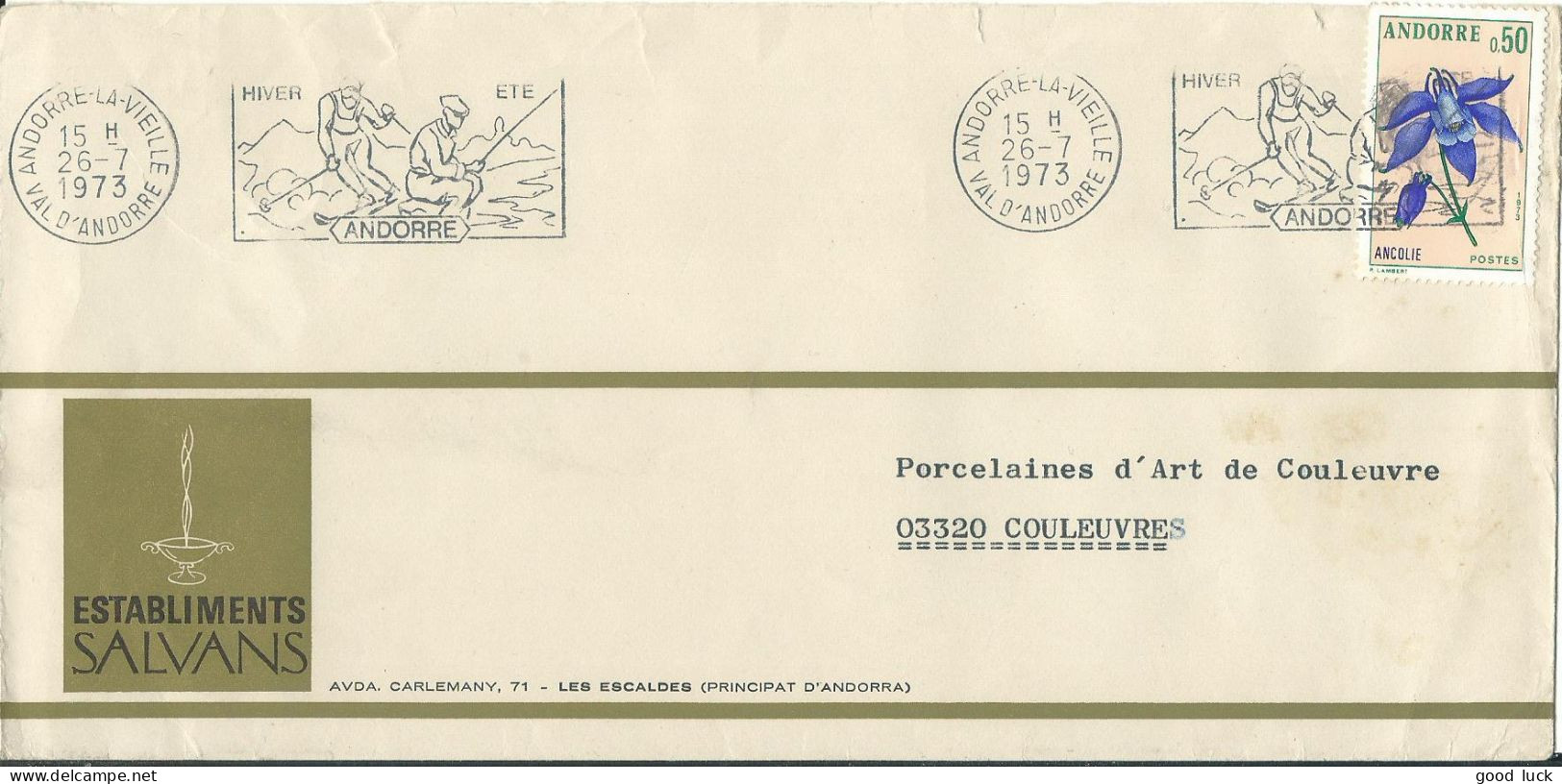 ANDORRE FRANCAIS LETTRE SERIGRAPHIEE 50c DE ANDORRE LA VIEILLE POUR COULEUVRE ( ALLIER ) DE 1973  LETTRE COVER - Covers & Documents