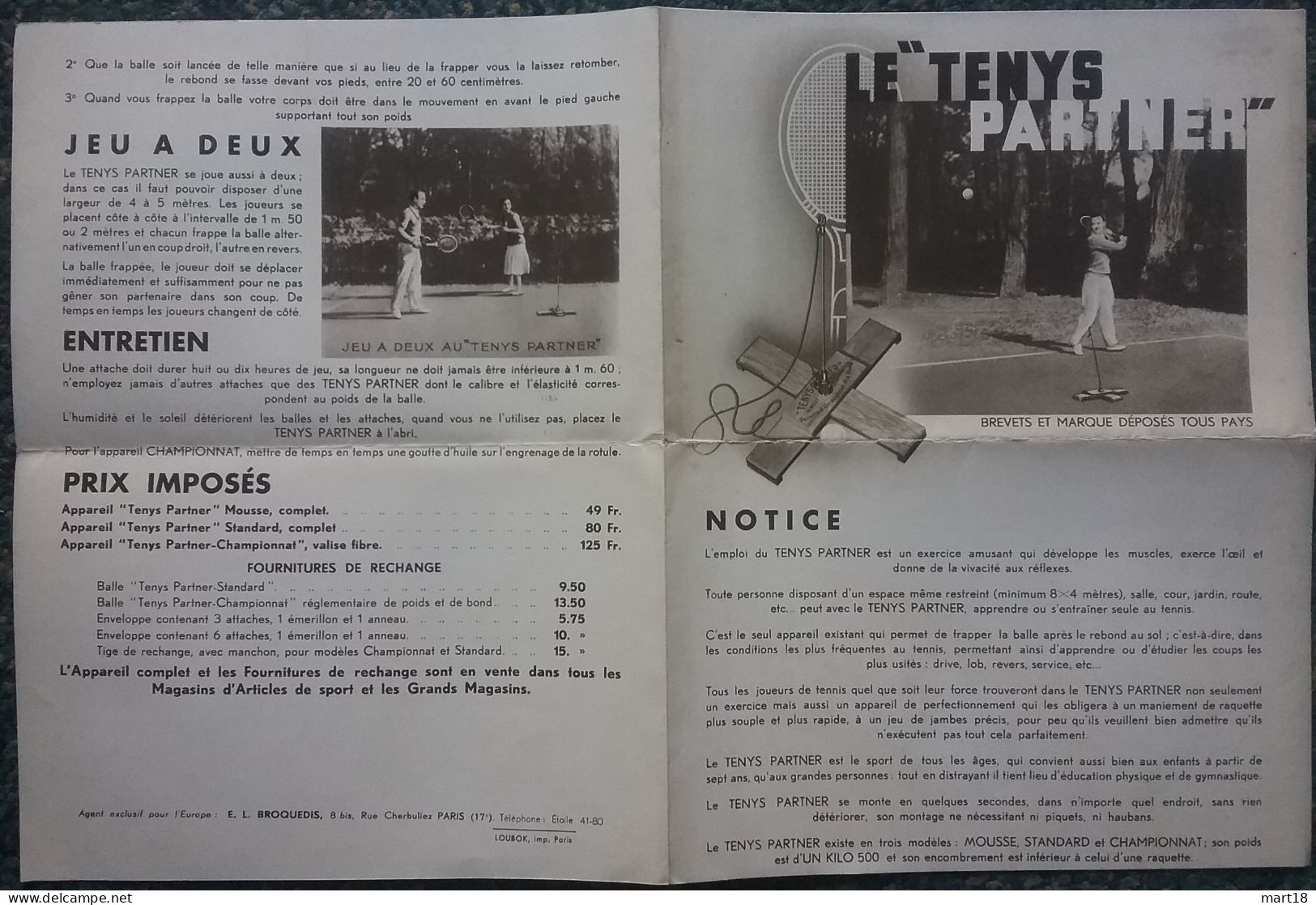 Pub - Le " RENYS PARTNER " - TENNIS - Années 1930 - - Autres & Non Classés
