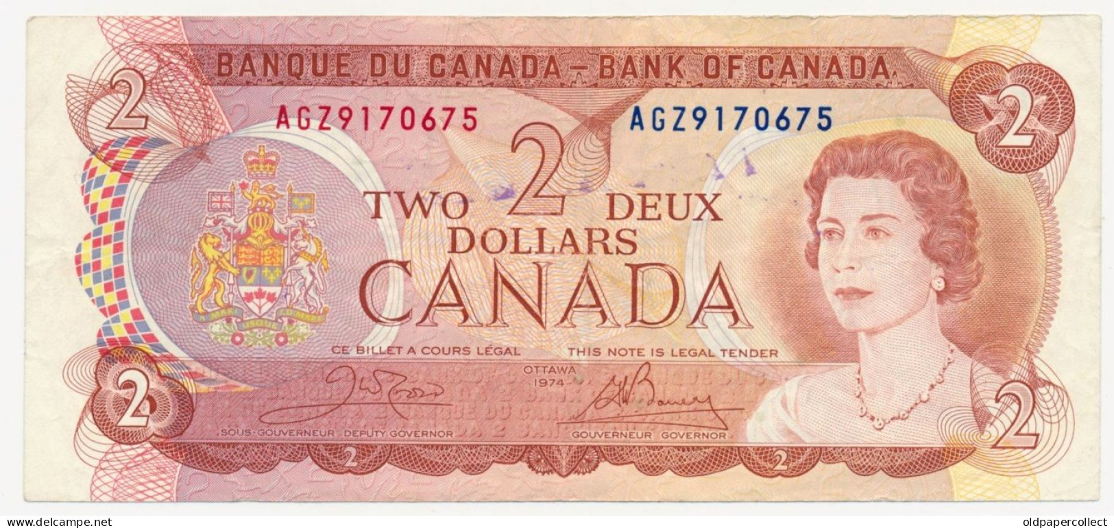 CANADA KANADA 2 DOLLARS Pick-86b Queen Elizabeth II / Inuits Fishermans Signatures: Crow & Bouey 1974 VF+ - Canada