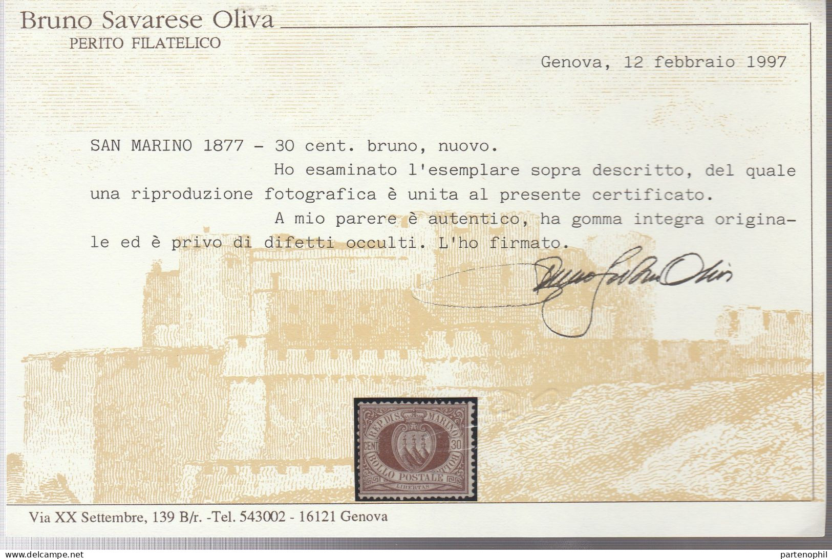 Lotto 363 San Marino  1877 - 30 C. Bruno N. 6. Cat. € 1800,00. Cert. Oliva. MNH - Nuovi