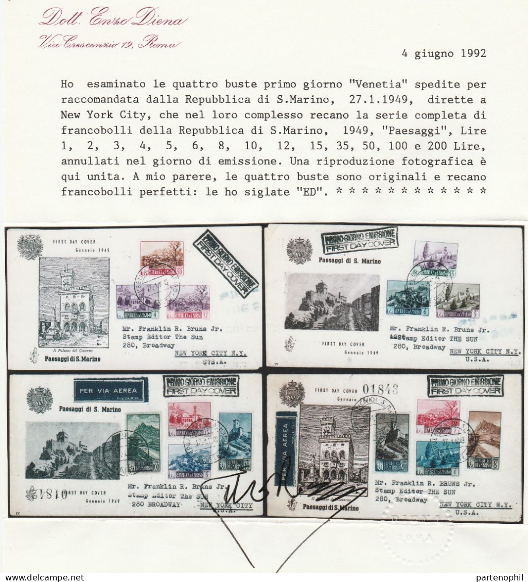 393 San Marino - 27/1/1949  Paesaggi N. 342/355 Le 4 Buste FDC Venezia, Raccomandate Dalla R.S.M Per Gli USA. Al Verso - Brieven En Documenten