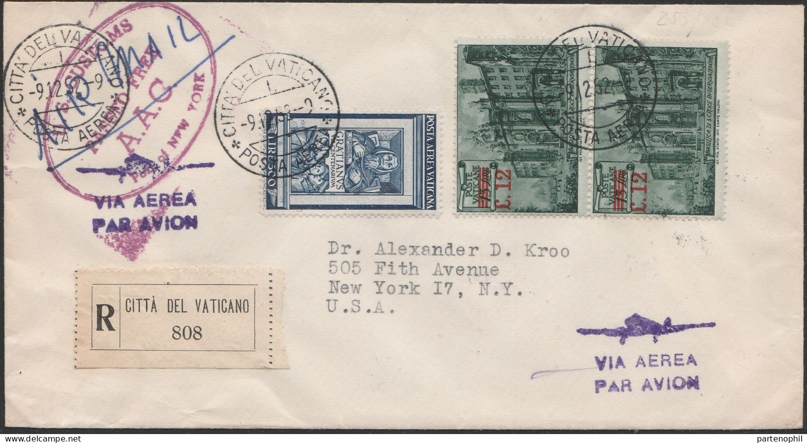 Vaticano Lotto 439 9/12/1952 - Lettera Di Posta Aerea Diretta Negli USA, Affrancata Con Graziano L.500 N. 21 + - Briefe U. Dokumente