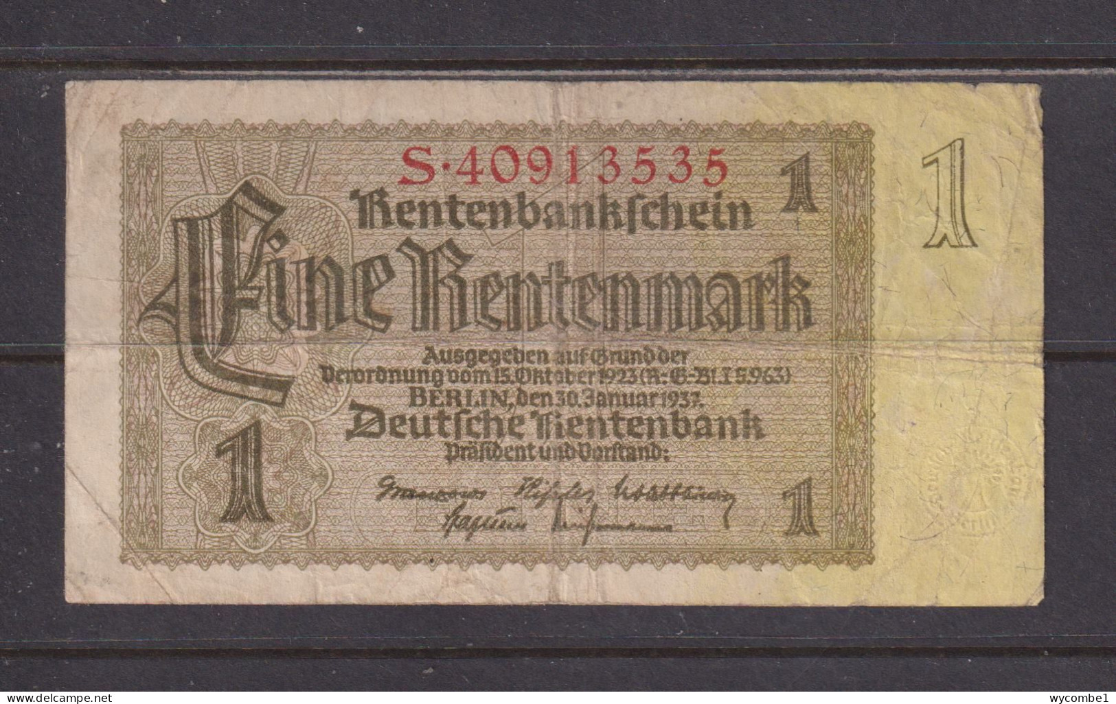 GERMANY - 1937 1 RentenMark Circulated Banknote As Scans - Sonstige & Ohne Zuordnung