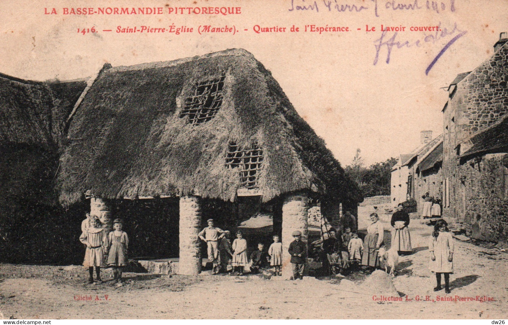 St Saint-Pierre-Eglise (Manche) Quartier De L'Espérance, Le Lavoir Couvert - Collection G.H. Carte N° 1416 De 1908 - Saint Pierre Eglise