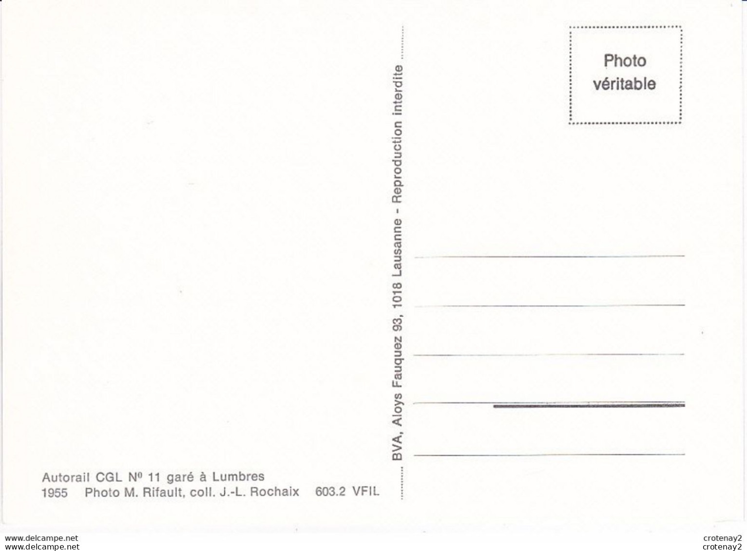 62 LUMBRES CPM TRAIN VOIR DOS Train Autorail CGL N°11 Garé En 1955 Photo M. Rifault Coll J.L Rochaix N°603.2 VFIL - Lumbres