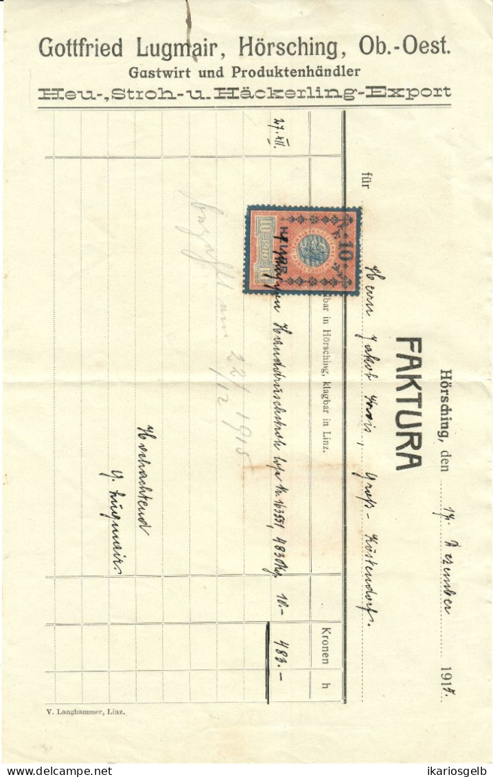 Hörsching OÖ 1915 Rechnung Deko + Fiskalmarke " Gottfried Lugmair Gastwirt U Produktenhändler " Stempelmarke - Oostenrijk