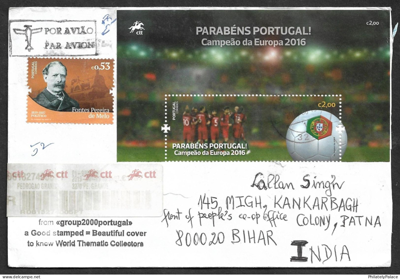 Portugal 2019 Football,Scoccer,Fontes Pereira De Melo, Engineer, Statesman, Registered Cover (*) Inde India - Covers & Documents