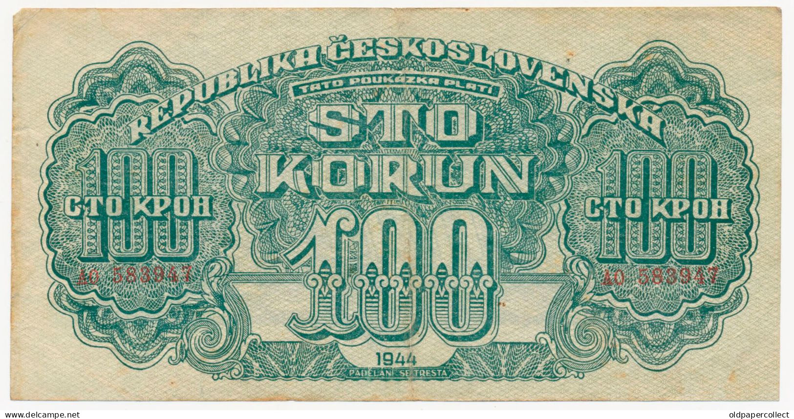 CZECHOSLOVAKIA - TCHÉCOSLOVAQUIE - TSCHECHOSLOWAKEI 100 KORUN Pick-48a - WITHOUT PERFORATION - 1944 - Tchécoslovaquie