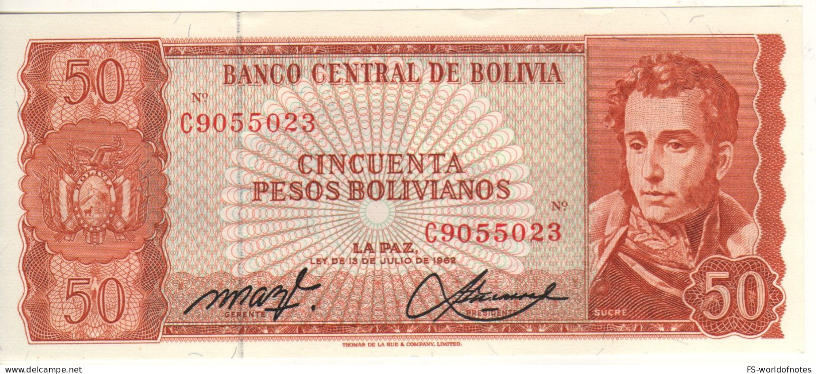 BOLIVIA  50 Pesos Boliviano  P162   Dated  	 L. 13.07.1962    ( Antonio José De Sucre + Sun Gate At Back )  UNC - Bolivia