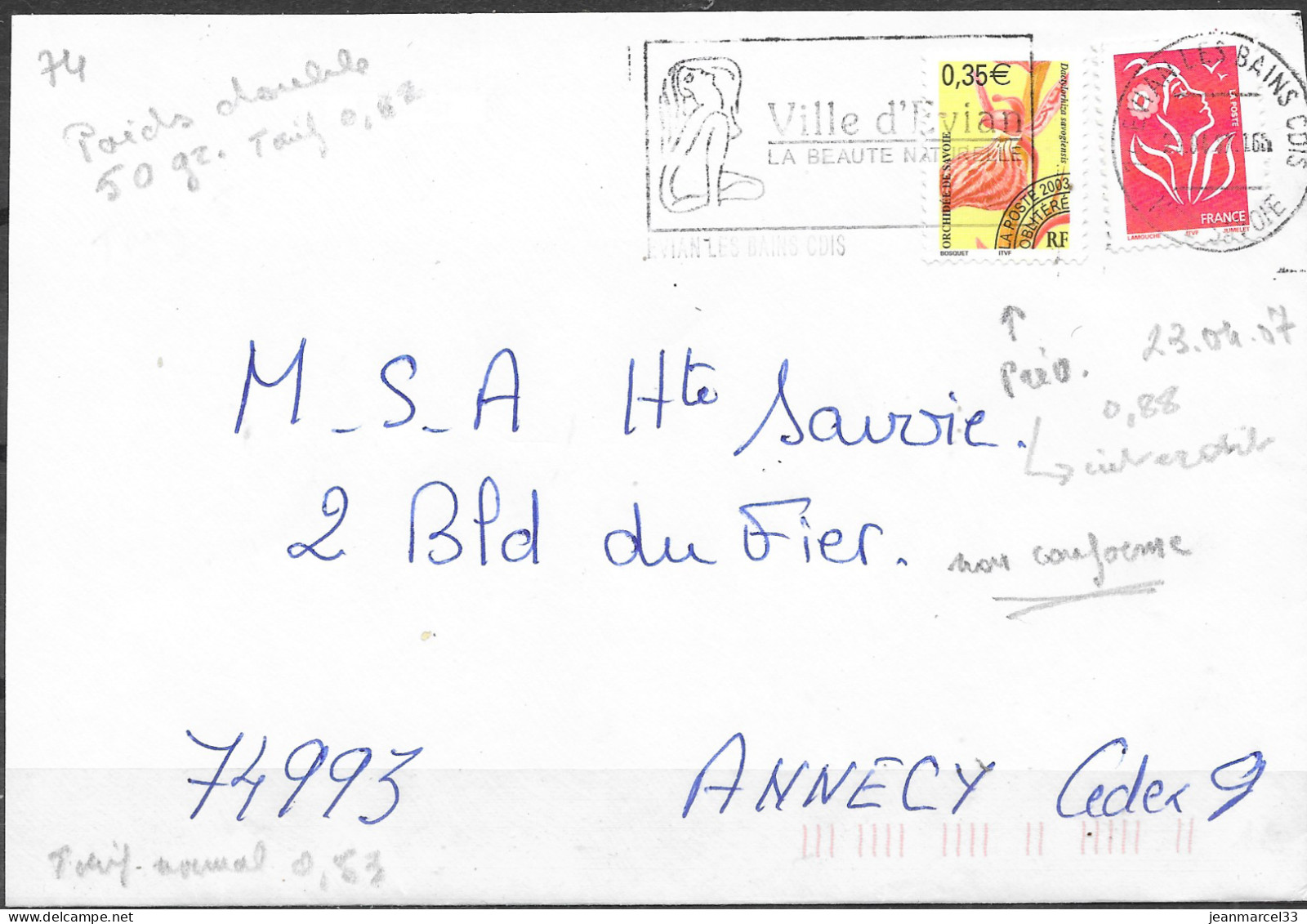 Flamme Mégras =o 74 Evian Les Bains CDIS 23.04.07 Tarif Double à 0,62 - Briefe U. Dokumente