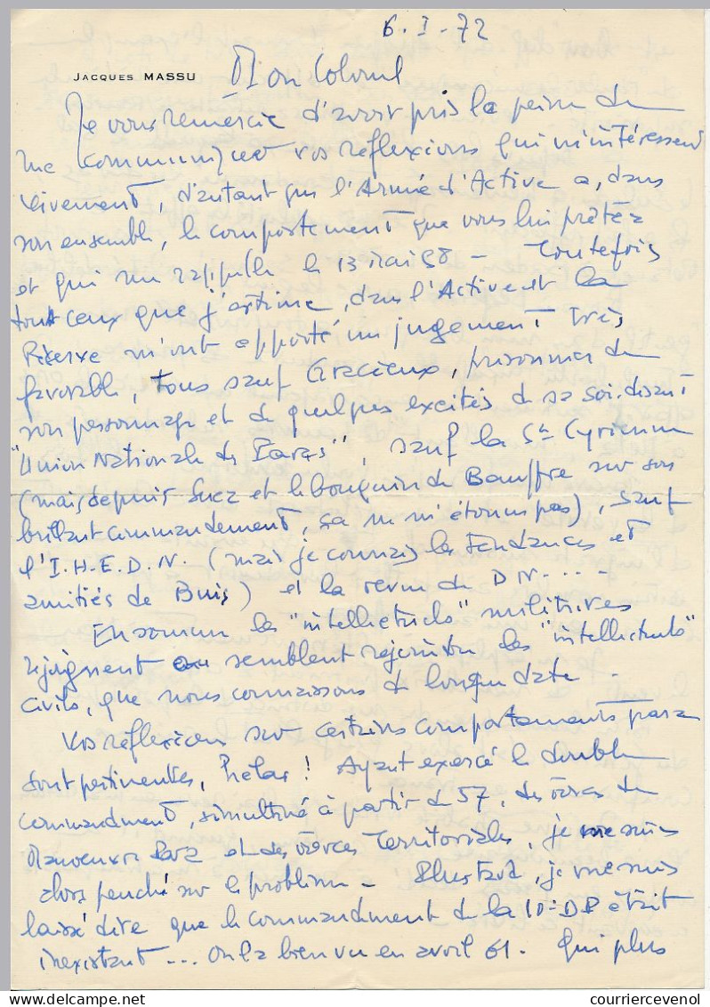 FRANCE - Lettre Autographe De La Main Du Général JACQUES MASSU, En Retraite, 6 Mars 1972, Depuis Les Invalides - Politicians  & Military