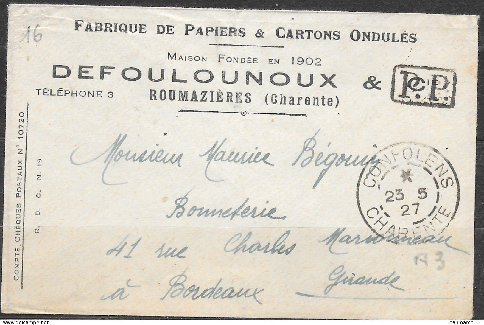 Cachet Manuel A3 Confolens 23 5 27 Plus P.P. Dans Un Rectangle Sur Mignonette à Entête - Lettres & Documents