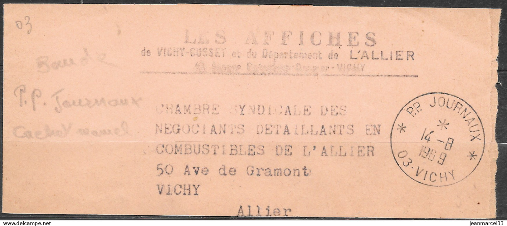 Cachet Manuel A7 *PP Journaux* 03 Vichy I4-8 I969 Sur Bande De Journal - Briefe U. Dokumente