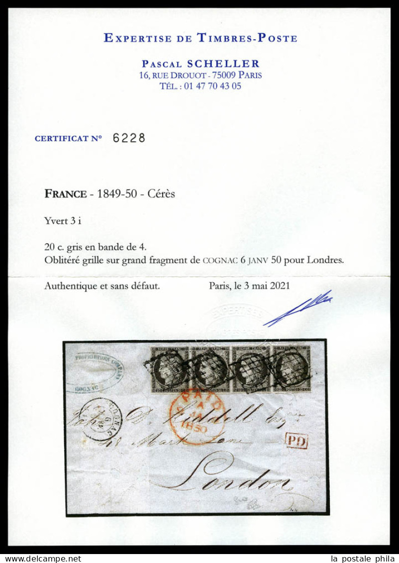 O N°3i, 20c GRIS, Bande De 4 Horizontale, Obl Grille Sur Devant De Lettre De Cognac Pour Londres. SUPERBE. R.R. (signé C - 1849-1850 Ceres