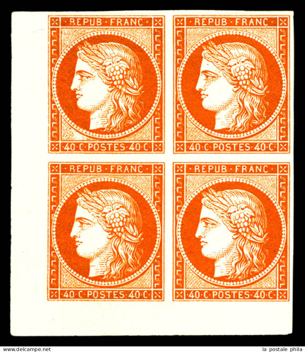 * N°5, 40c Orange, Gomme Blanche, Bloc De Quatre Coin De Feuille, Fraîcheur Postale, Un Des Plus Beaux Exemplaires Connu - 1849-1850 Ceres