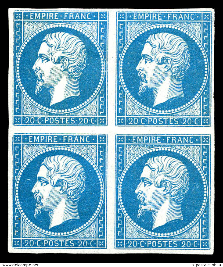 ** N°14A, 20c Bleu Type I En Bloc De Quatre, Fraîcheur Postale. SUP (signé Calves/certificat)  Qualité: ** - 1853-1860 Napoléon III