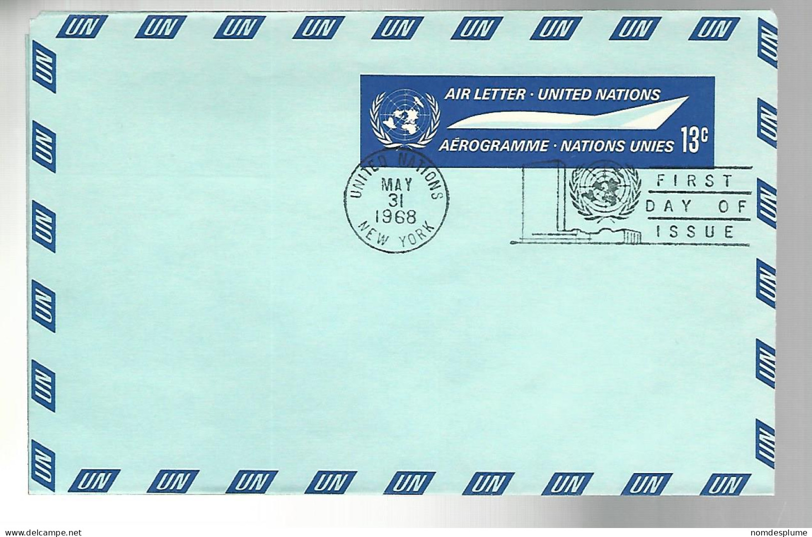 53316 ) United Nations First Day Cover 1968 Airmail Air Letter - FDC