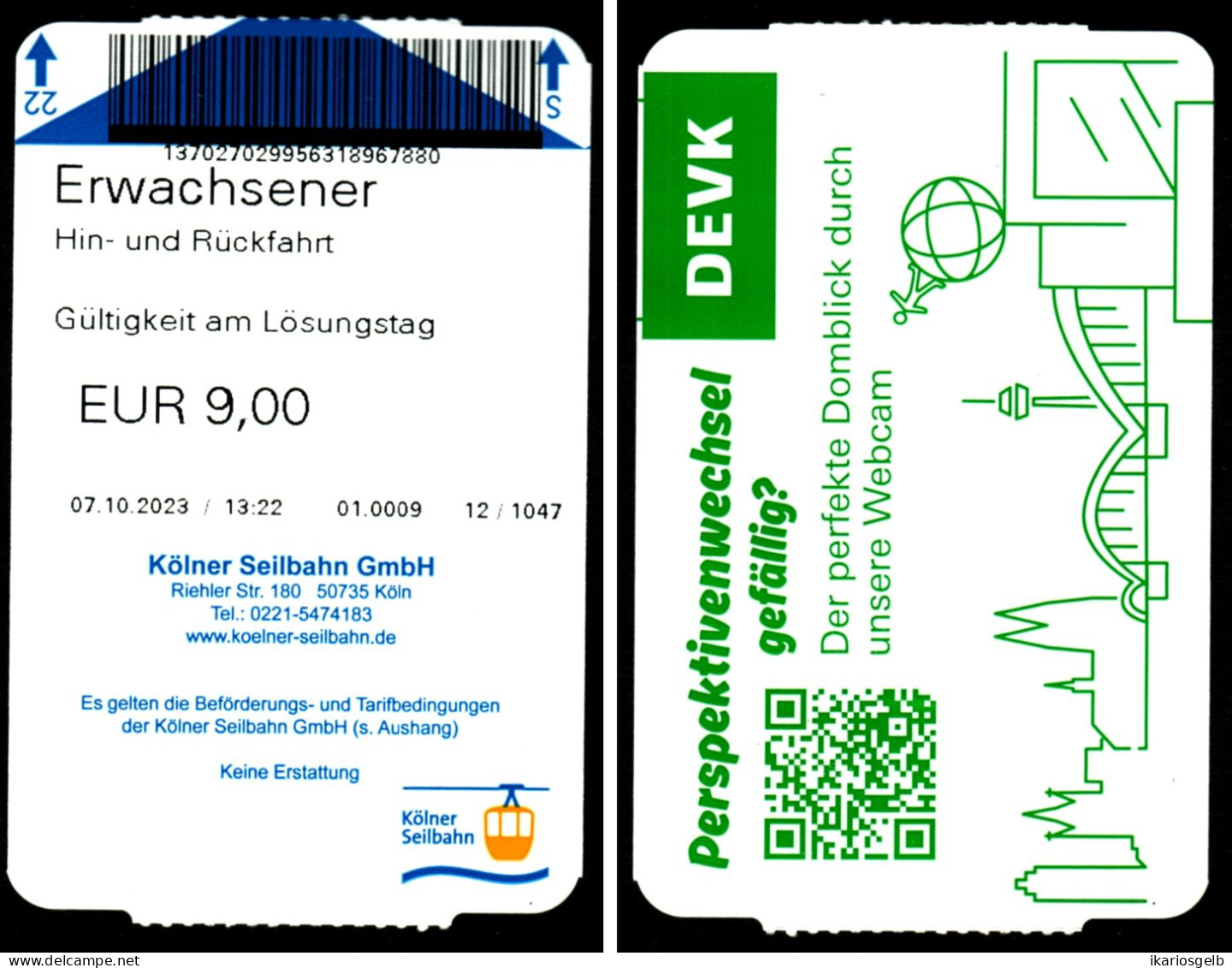 Köln Rheinseilbahn Seilbahn - Fahrschein Boleto Biglietto Ticket Billet Telepherique - Europa