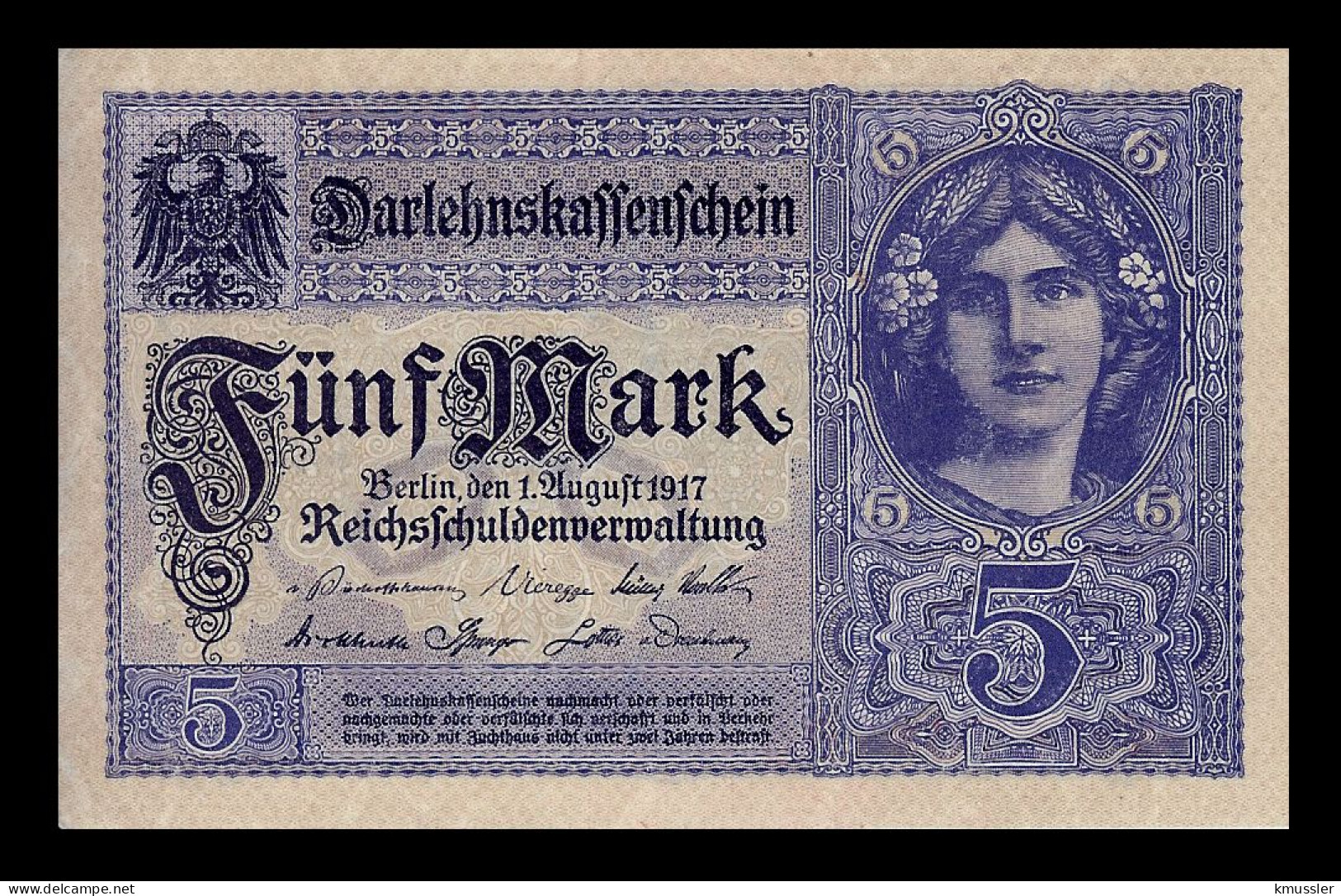 # # # Banknote Deutsches Reich (Germany) 5 Mark 1917 AU # # # - 5 Mark