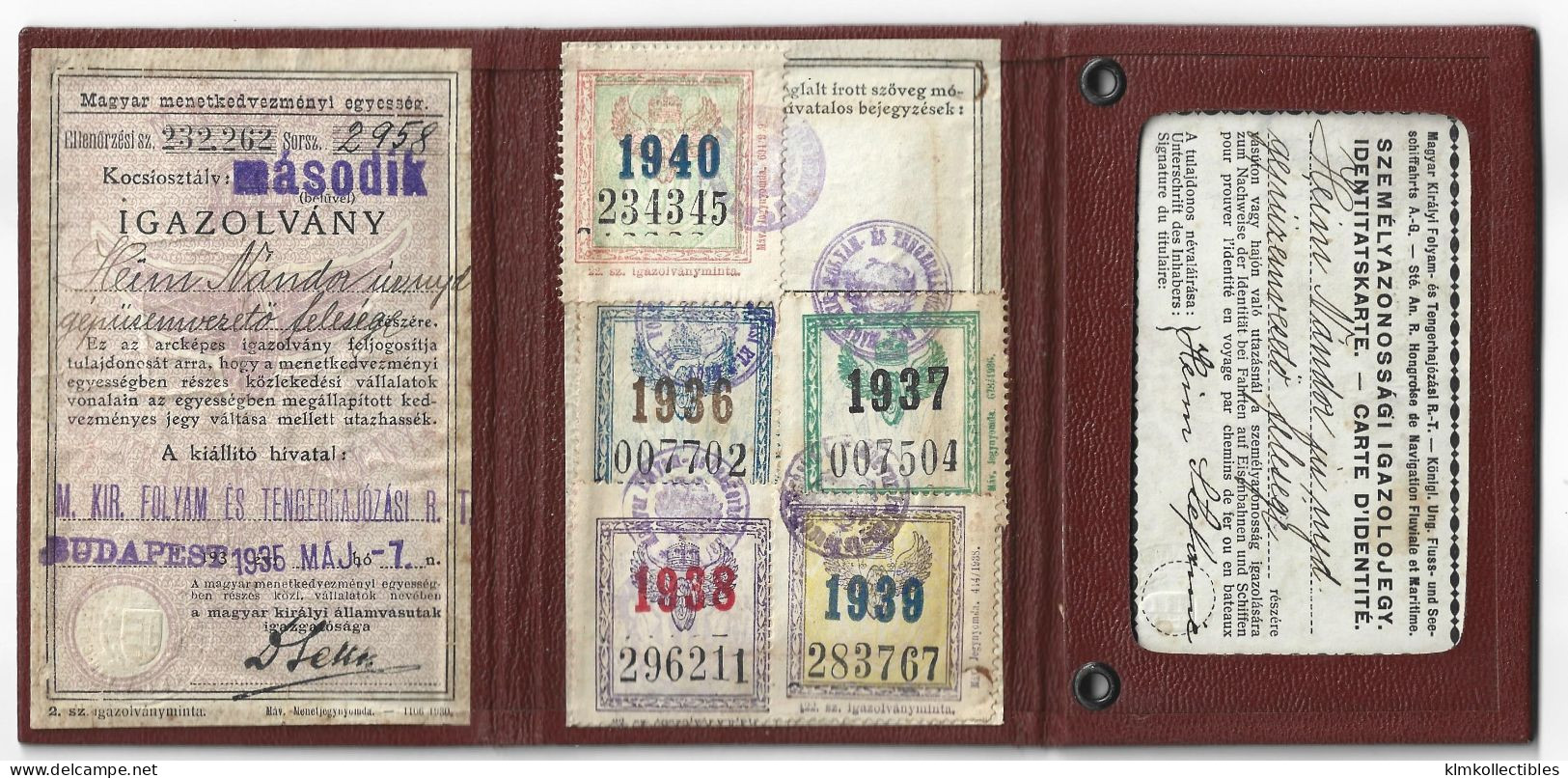 HUNGARY MAGYARRORSZAG - 1936-1940 MFTR IDENTITY CARD - REVENUE STAMPS TIMBRE FISCAL STEUERMARKE - Fiscaux