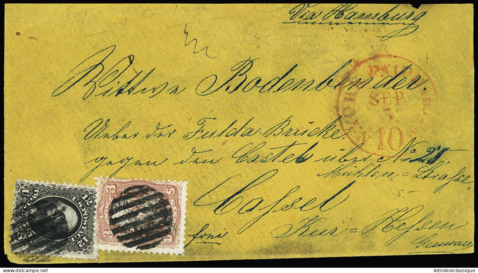 Lettre 1866 15c Black And 1861-62 3c Rose Tied By Circle Of Bars On Envelope From New York (SEP 3, 1868) To Cassel In Ge - Sonstige & Ohne Zuordnung