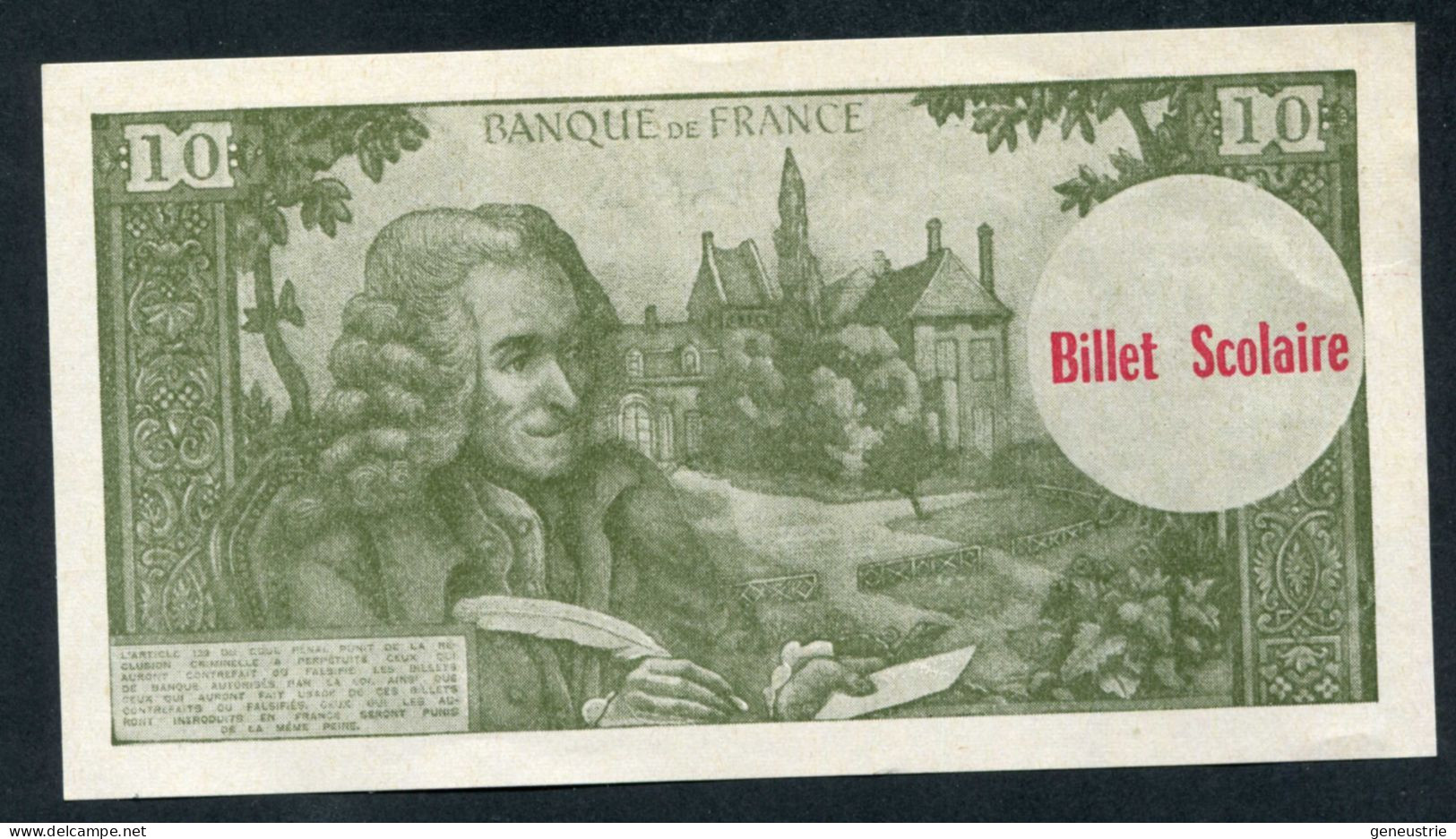 Beau Billet Neuf Scolaire école (10Fr Voltaire) Specimen à Usage Pédagogique - Années 60 - School Bank Note - Specimen