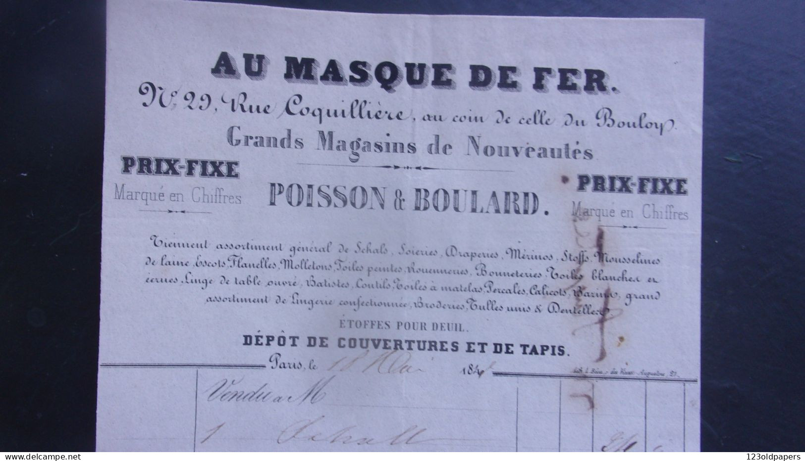 XIX EME 1841 PARIS 29 RUE COQUILLIERE COIN RUE DU BOULOY AU MASQUE DE FER POISSON BOULARD NOUVEAUTES - 1800 – 1899