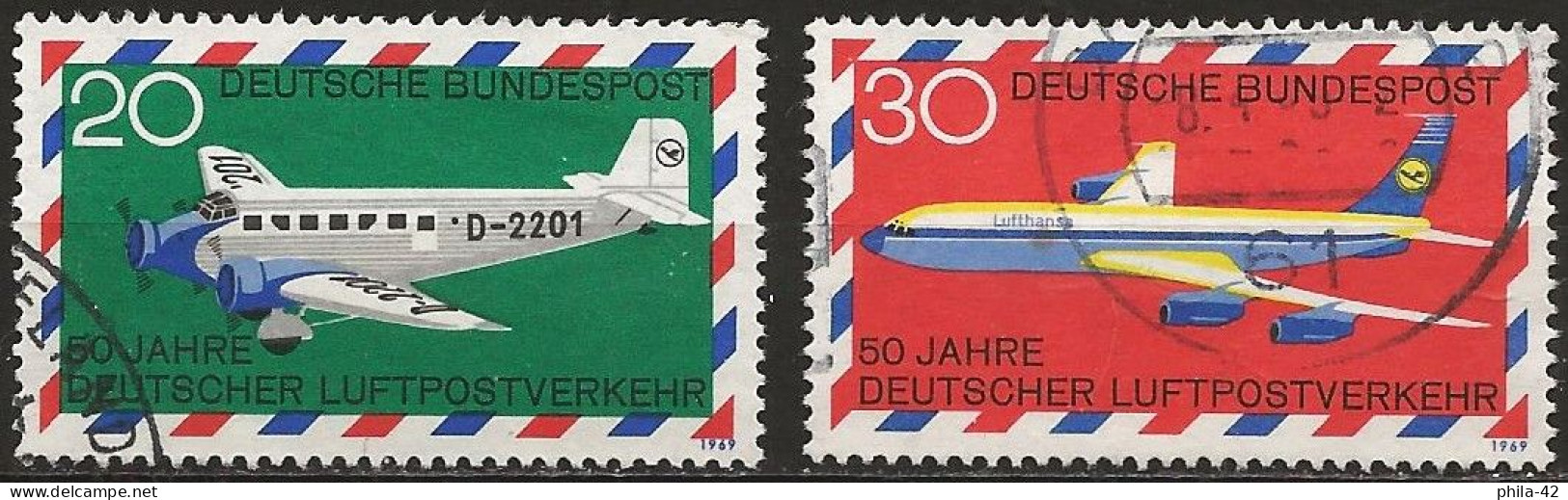 Germany FRG 1969 - Mi 576/77 - YT Pa 1/Pa2 ( Airplanes Junkers Ju 52/3m "Boelke" &  Boeing 707 Airliner ) Airmail - Briekmarken