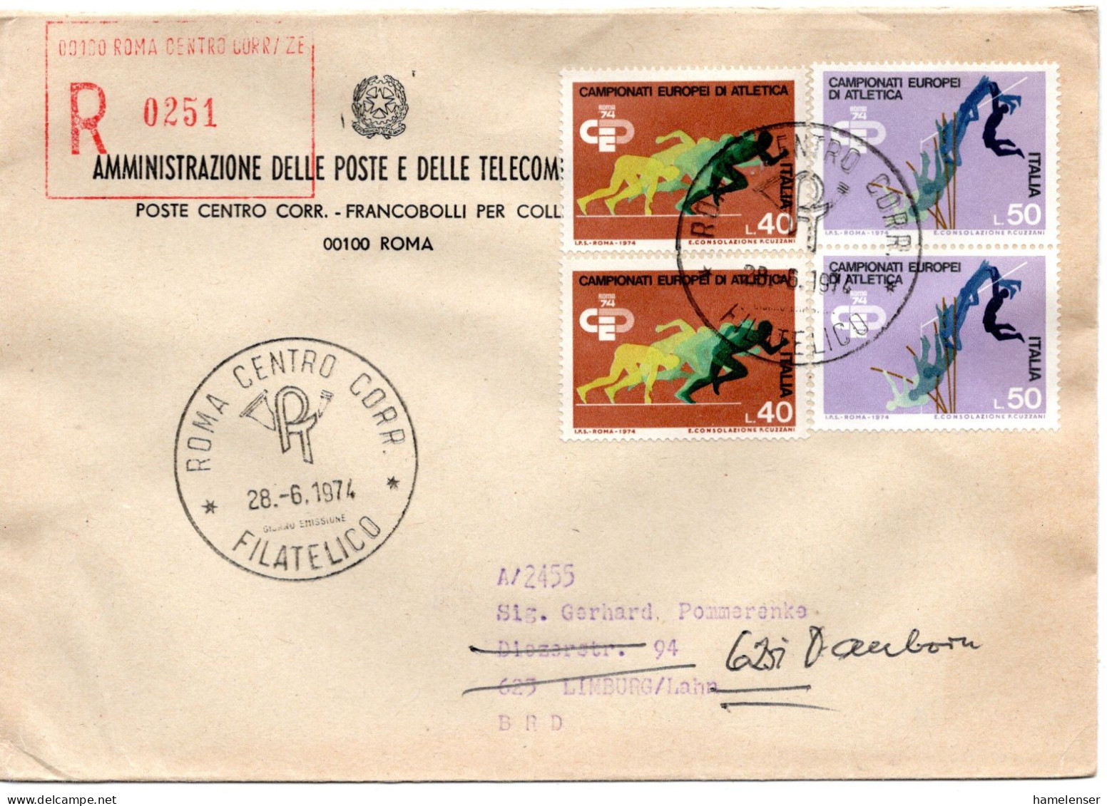 70576 - Italien - 1974 - 2@50L Leichtathletik-EM MiF A R-Bf ROMA -> Westdeutschland, Nachgesandt - 1971-80: Poststempel