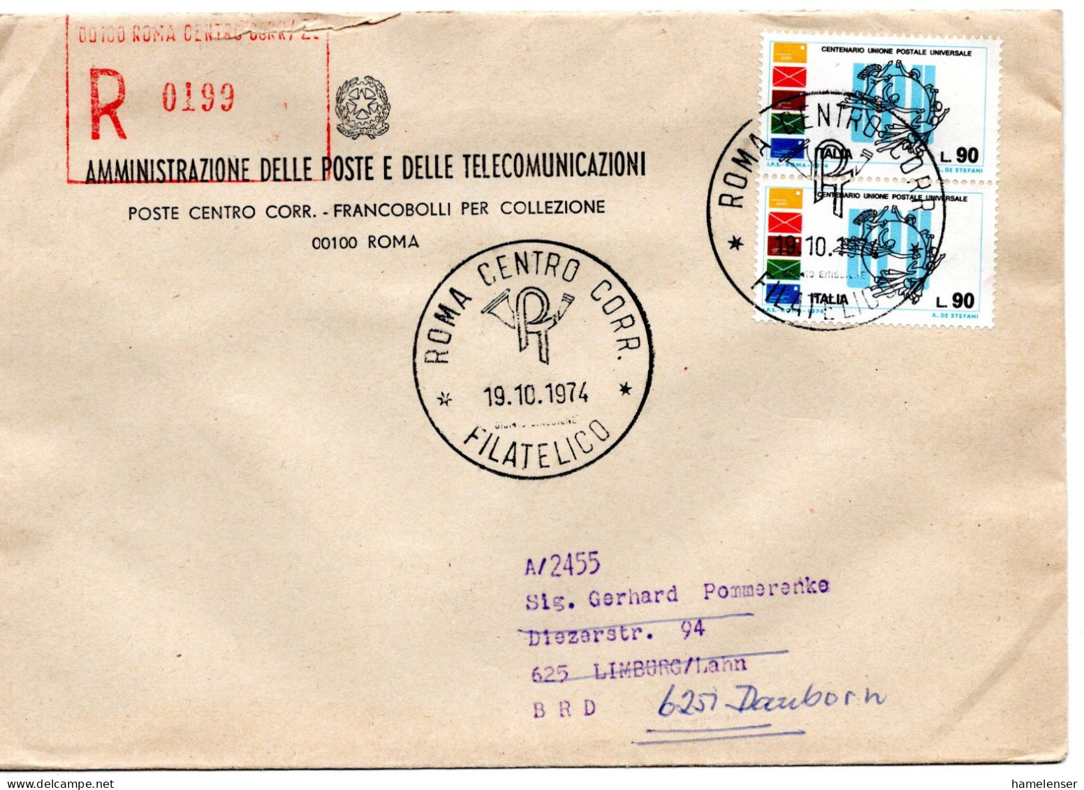 70577 - Italien - 1974 - 2@90L UPU A R-Bf ROMA -> Westdeutschland, Nachgesandt - 1971-80: Poststempel