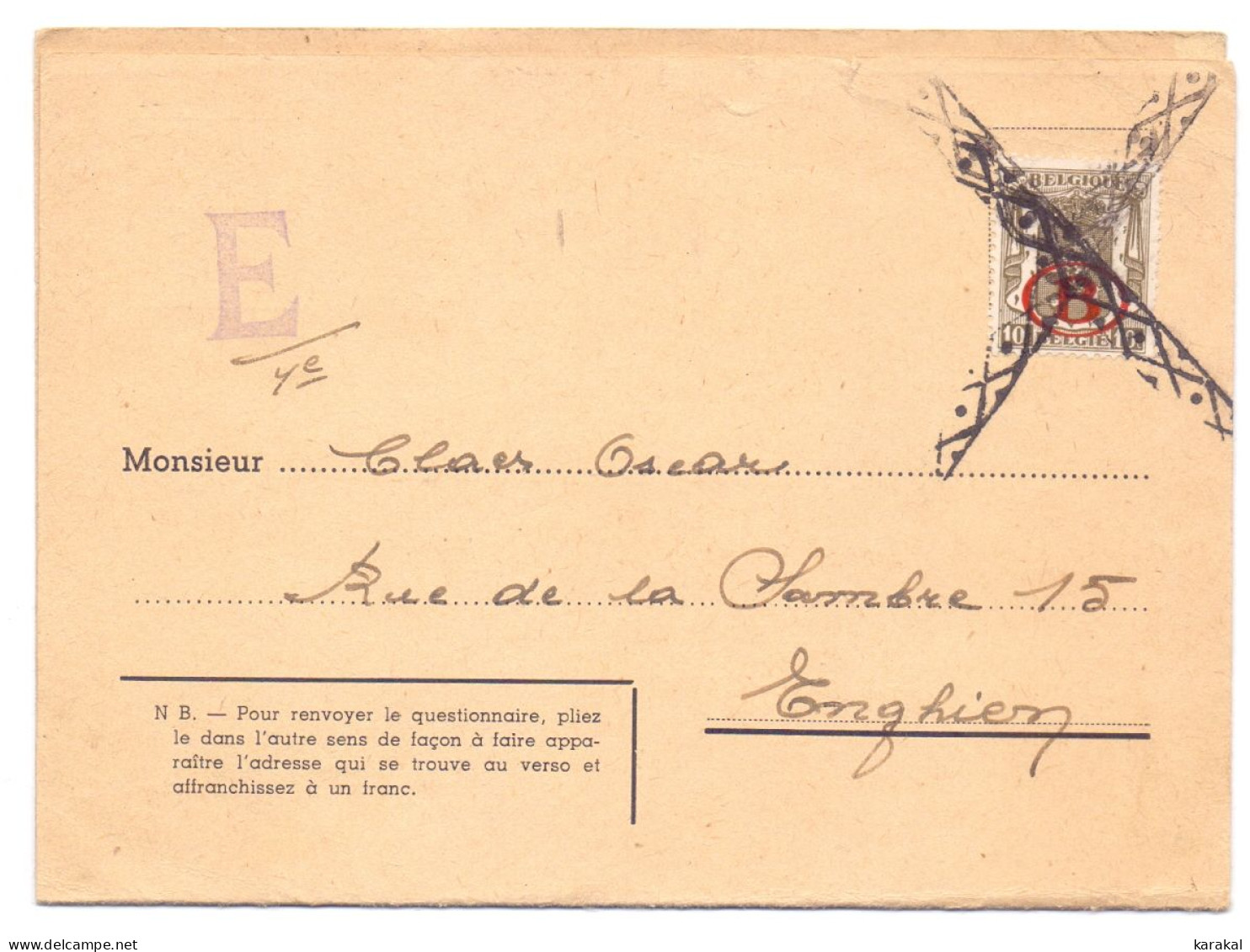 Belgique Timbre De Service S26 10c Carte-réponse De L'Office De Recrutement De La SNCB Enghien Bruxelles Roulette 1942 - Briefe U. Dokumente