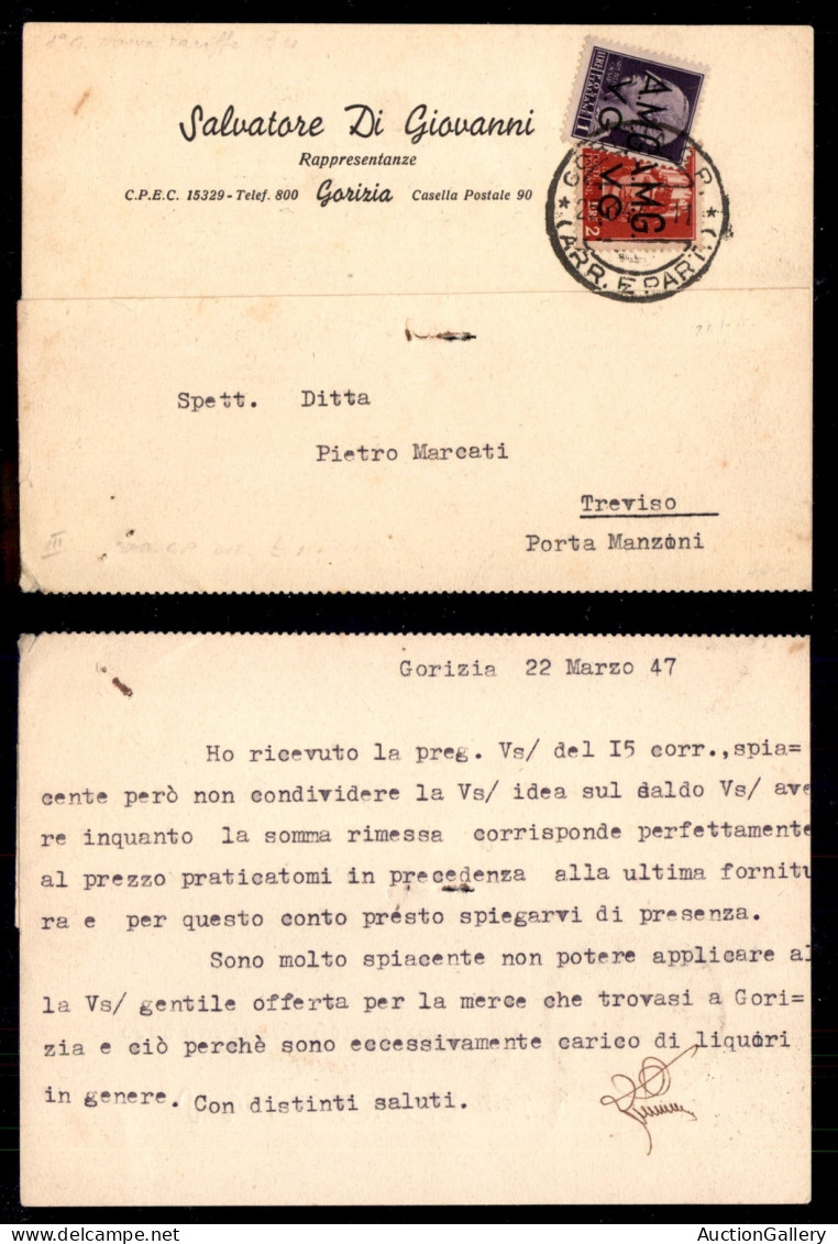 Trieste  - Trieste AMG VG - Cartolina Da Gorizia A Treviso Del 25.3.47 Con Affrancatura Di 3 Lire (8 + 9) Non Regolare P - Other & Unclassified