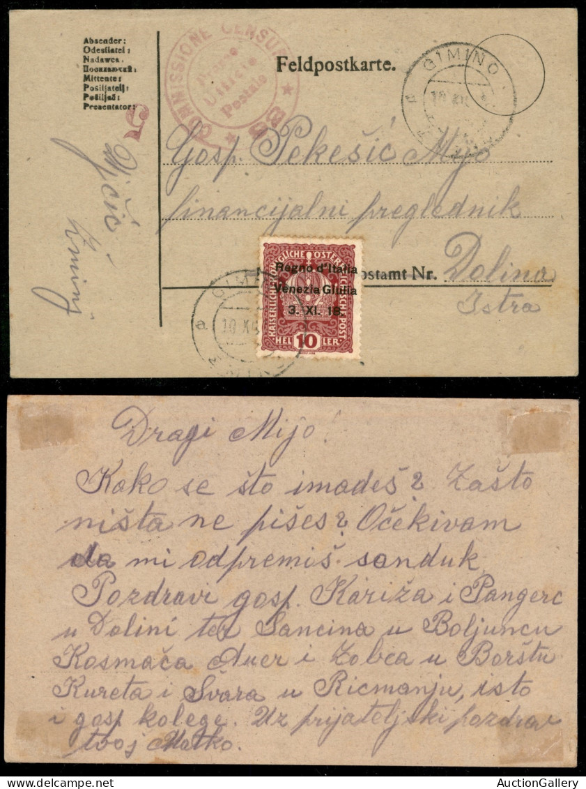 Occupazioni I Guerra Mondiale - Venezia Giulia - 10 Heller (5) - Cartolina Da Gimino A Dolina Del 10.12.18 - Other & Unclassified