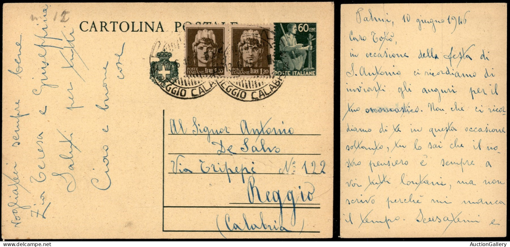 Repubblica - 12 Giugno 1946 - Cartolina Postale Da Palmi A Reggio - Strappo In Basso - Other & Unclassified