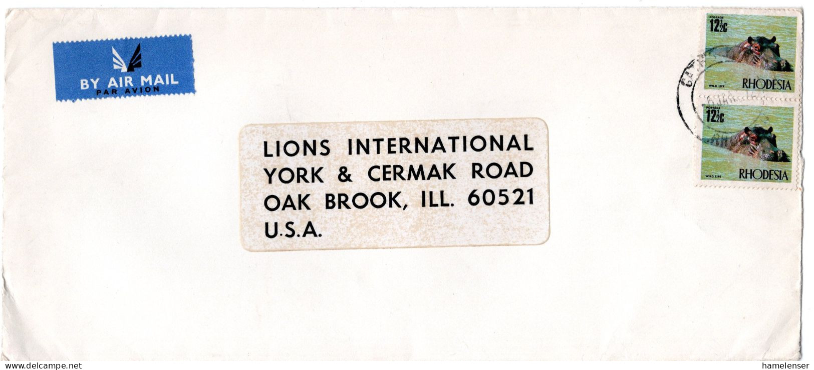 L70659 - Rhodesien - 1972 - 2@12,5c Flusspferd A LpBf GATES ... -> Oak Brook, IL (USA) - Rhodesia (1964-1980)