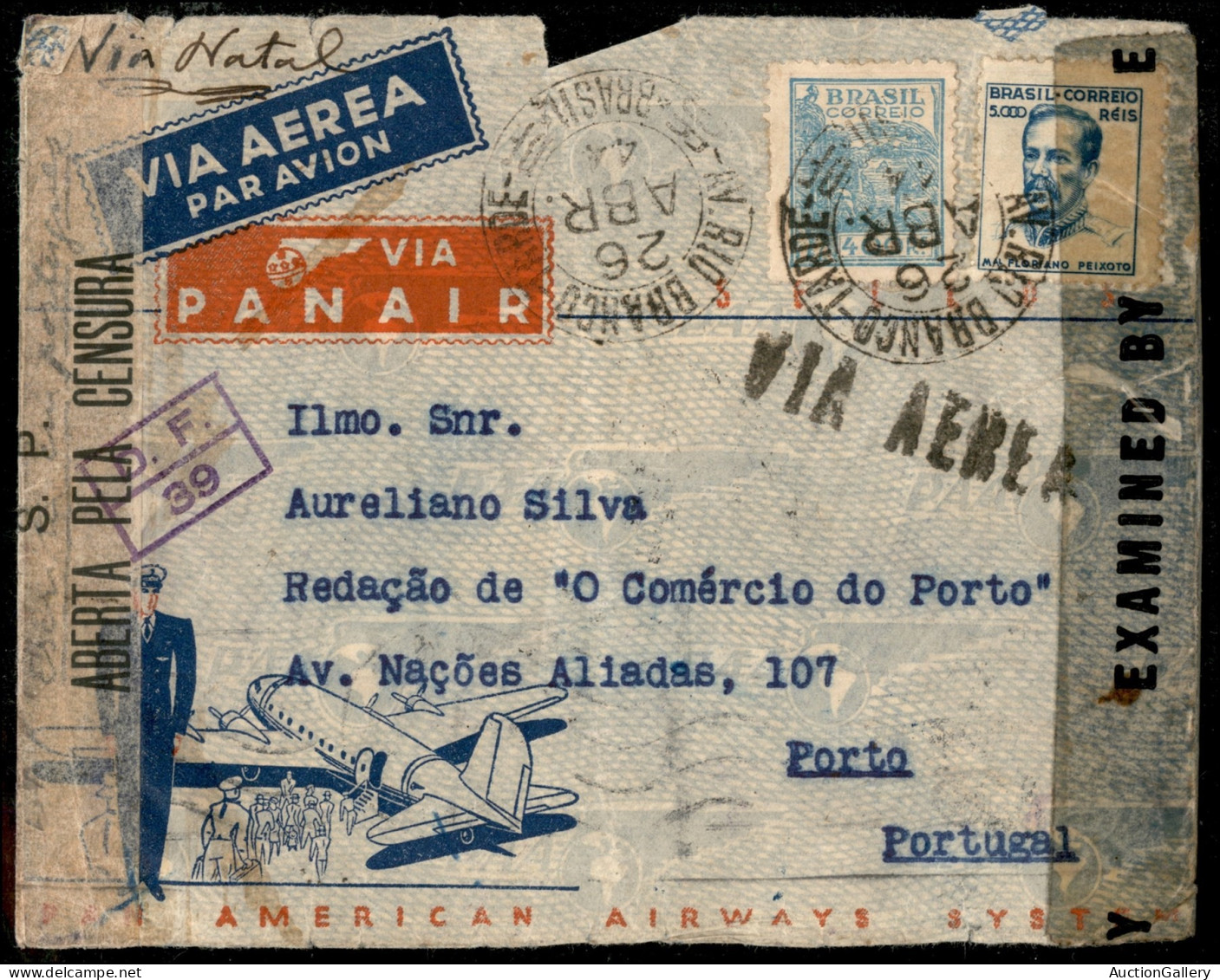 OLTREMARE - BRASILE - Aerogramma Da Av. Rio Branco Tarde A Porto Del 26.4.44 - Censure - Autres & Non Classés