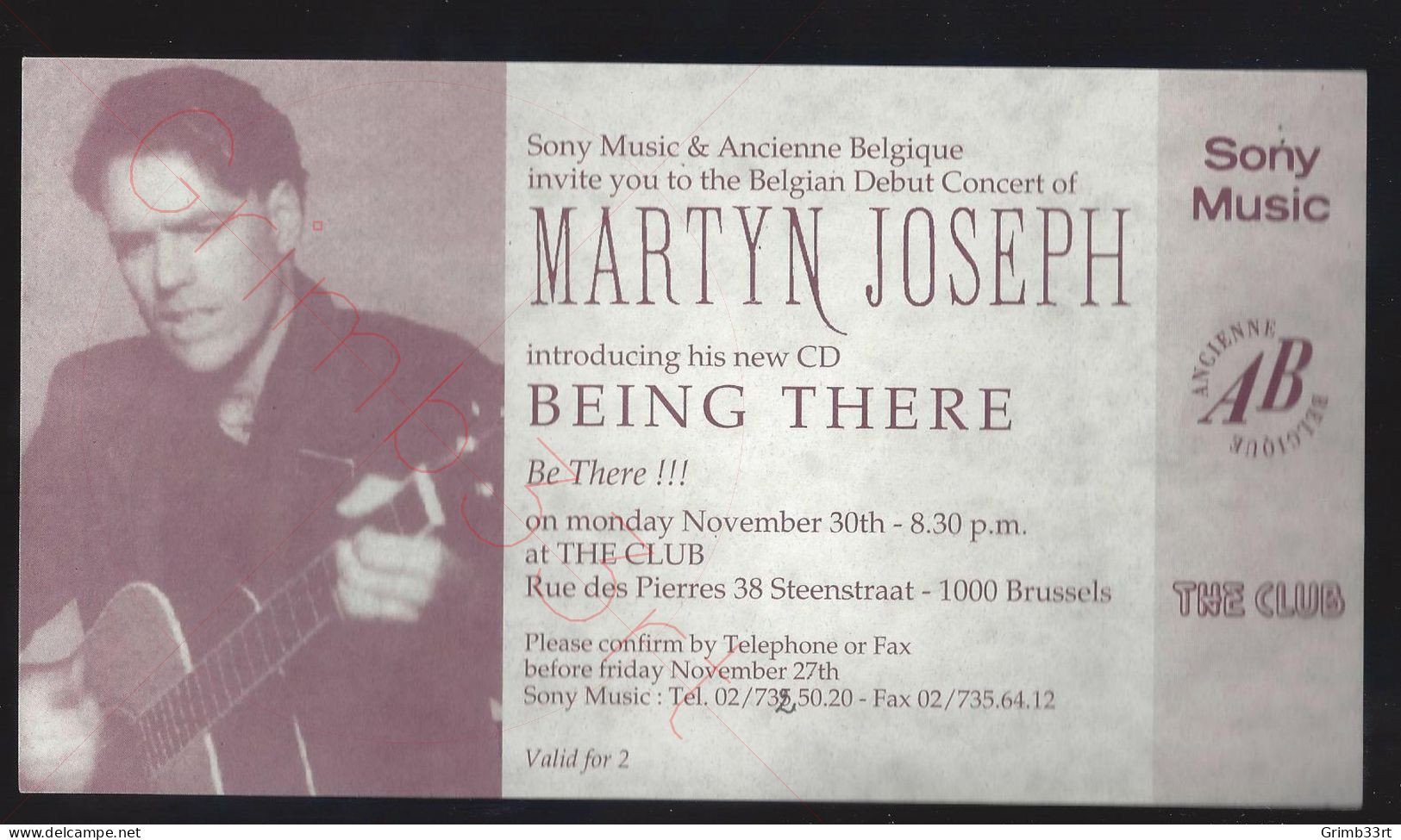 Martyn Joseph - Being There - 30 November 1992 - The Club Brussel (BE) - Concert Ticket - Tickets De Concerts