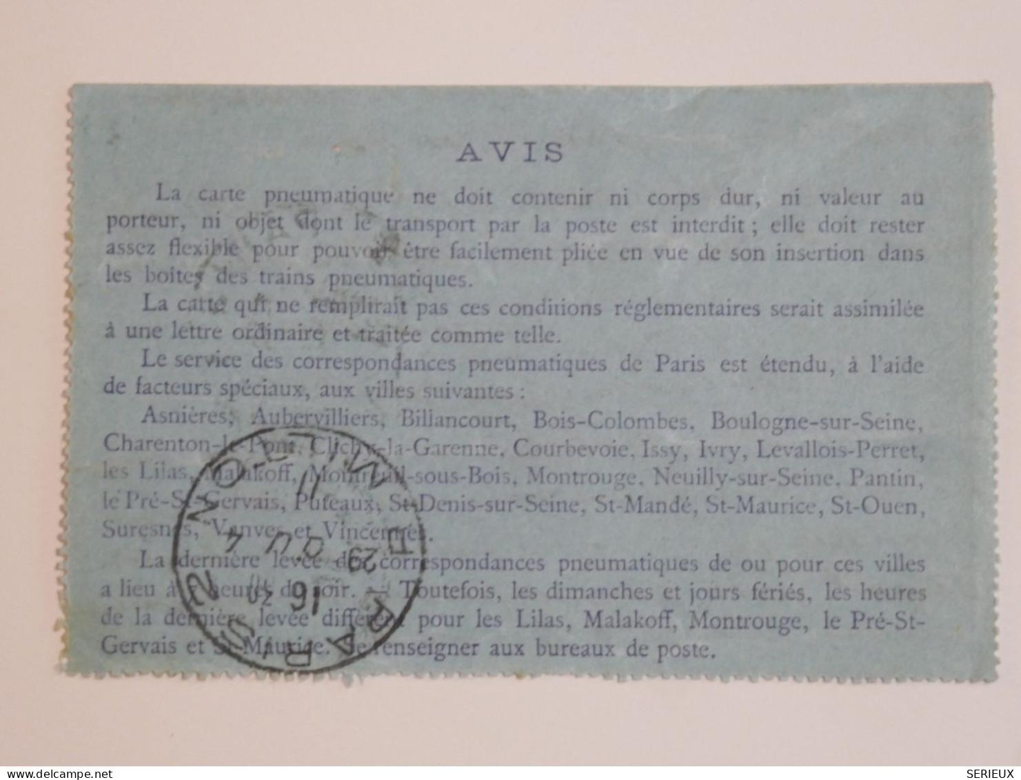 DC17  FRANCE CARTE  PNEUMATIQUE ENV. 1910  A PARIS++ AFF. INTERESSANT+++ - Rohrpost