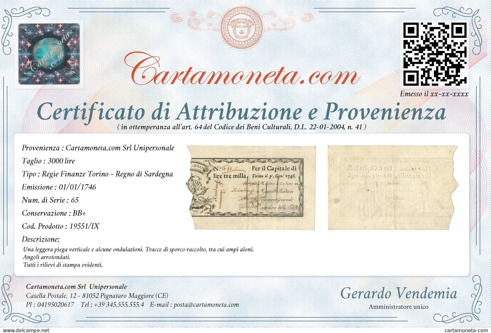 3000 LIRE REGIE FINANZE TORINO REGNO DI SARDEGNA 01/01/1746 BB+ - Andere & Zonder Classificatie