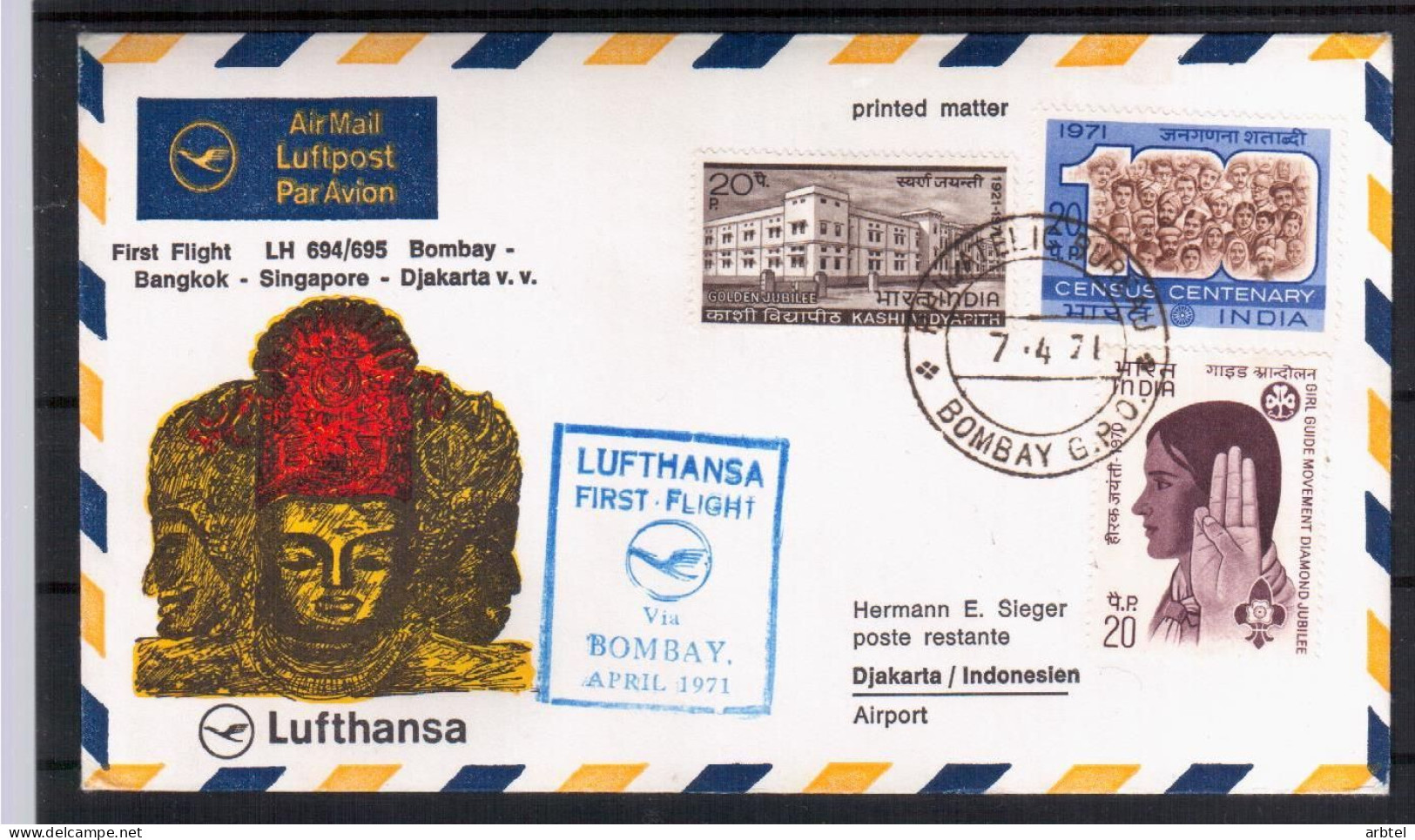 INDIA CC PRIMER VUELO LUFTHANSA 1971 BOMBAY BANGKOK SIGAPORE DJAKARTA - Luchtpost