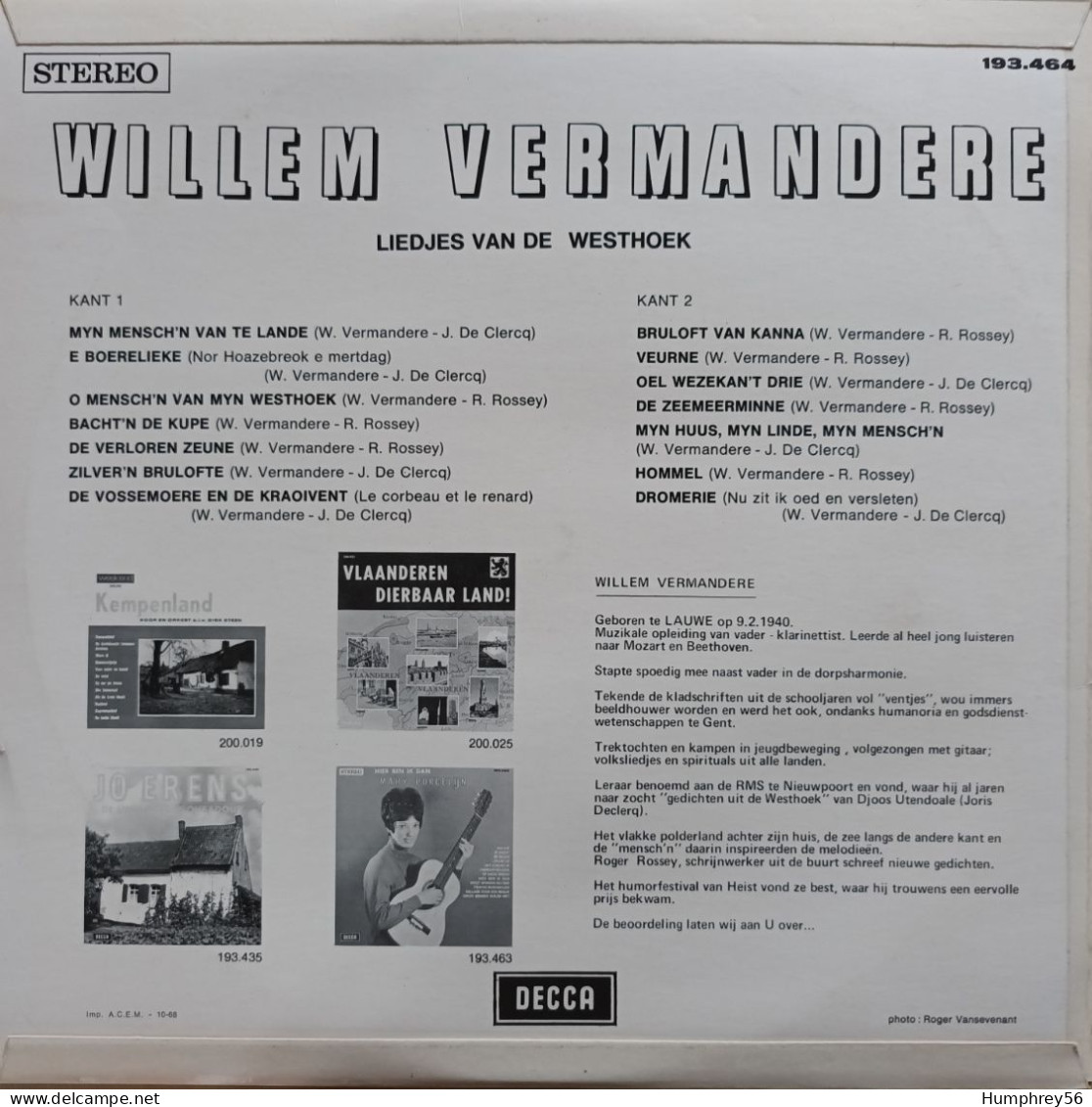 1969 - Willem VERMANDERE - Liedjes Van De Westhoek - Country En Folk