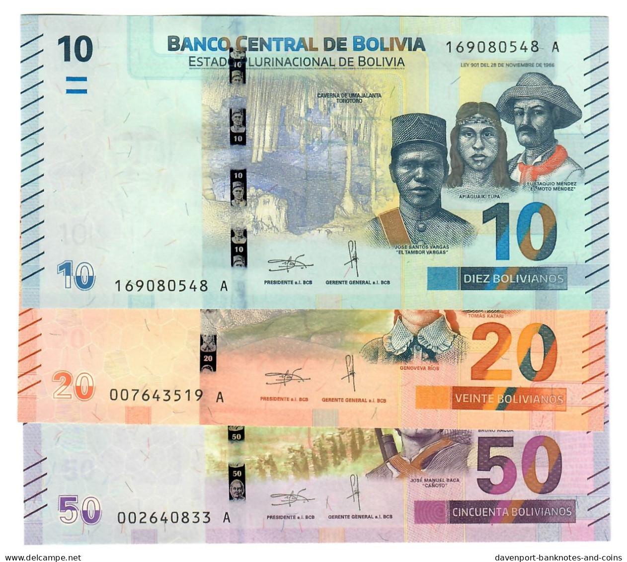 Bolivia 10, 20 & 50 Bolivianos 2018 UNC - Bolivië