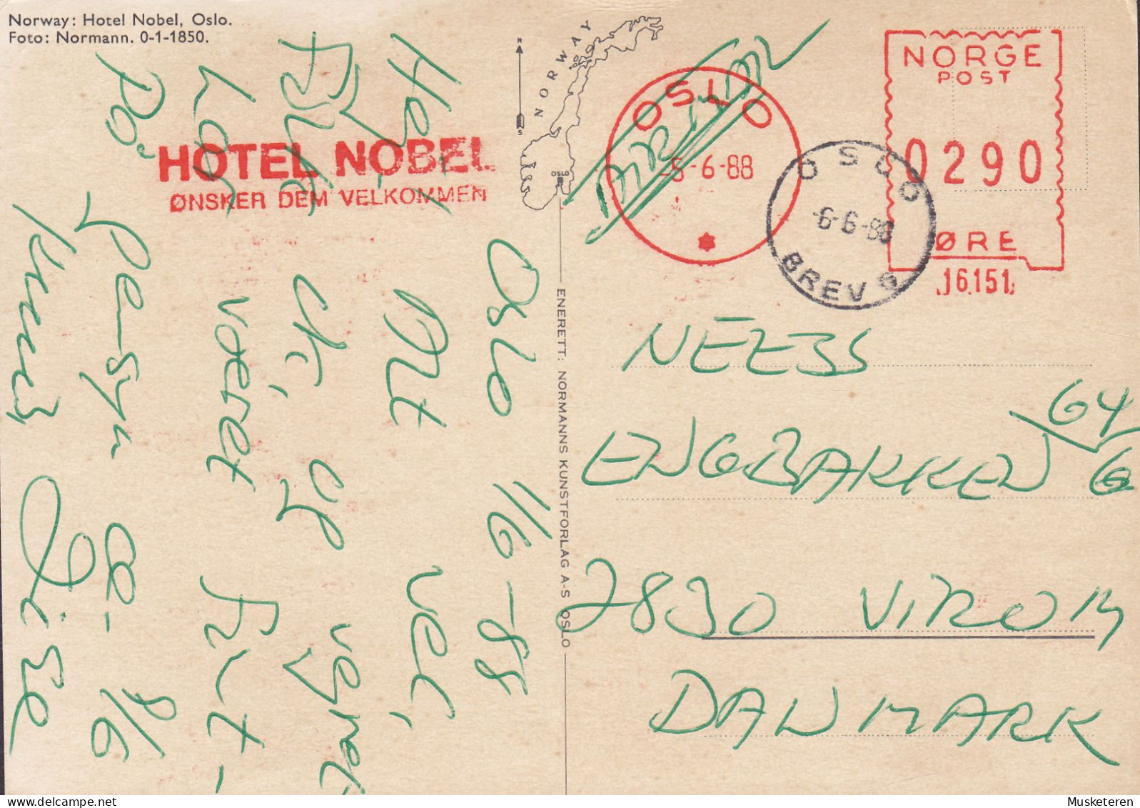 Norway PPC Oslo. Hotel Nobel. OSRAM Commercial Sign. Normann 0-1-1850. 'HOTEL NOBEL' OSLO 1988 Meter Cds. (2 Scans) - Storia Postale