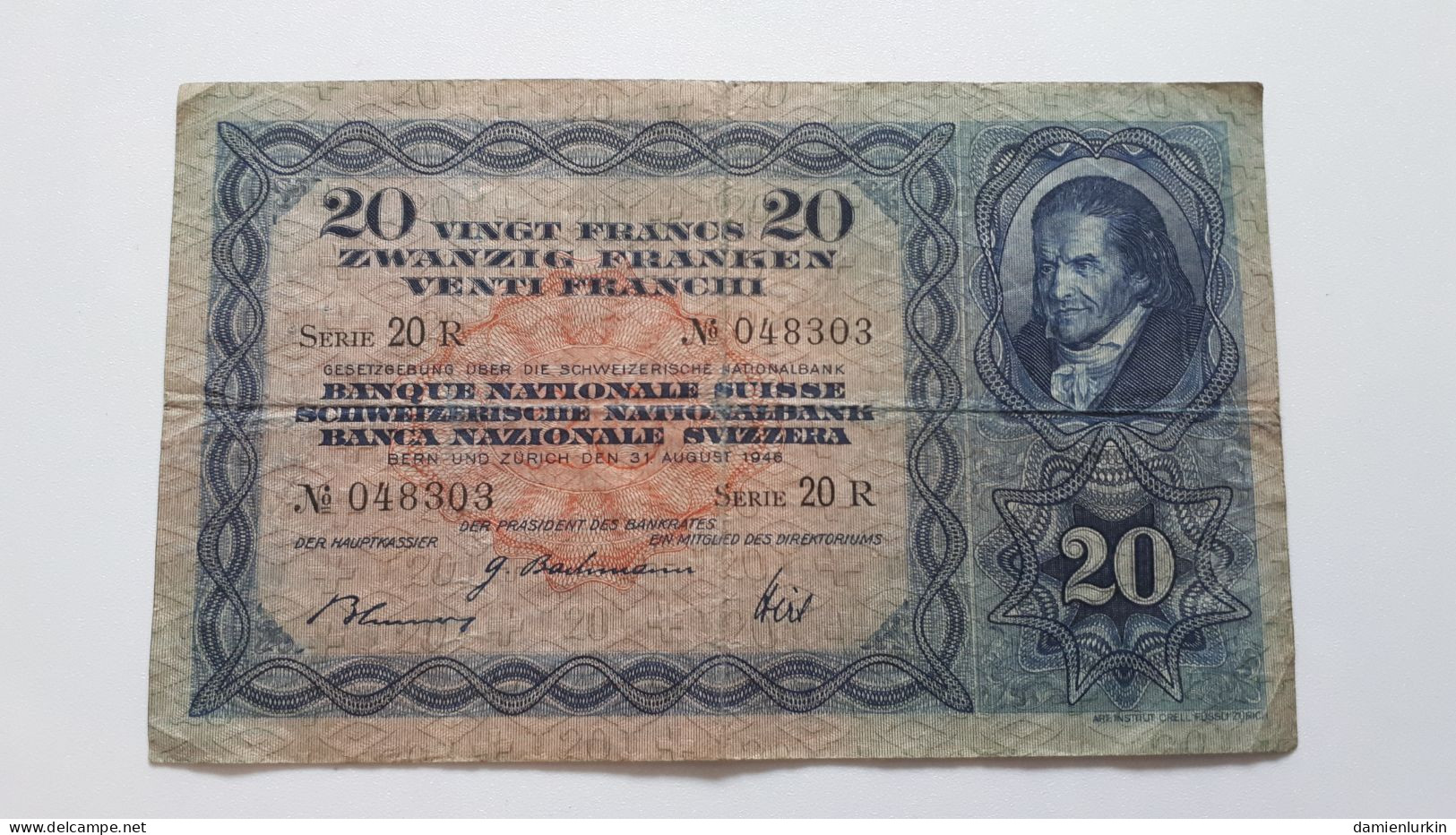 SUISSE RARE BILLET DE 20 FRANCS 31 AOÛT1946 BACHMANN BLUMER HIRS SERIE 20R P-39o.3 COTES : 30€-50€-100€-225€-450€ - Suisse