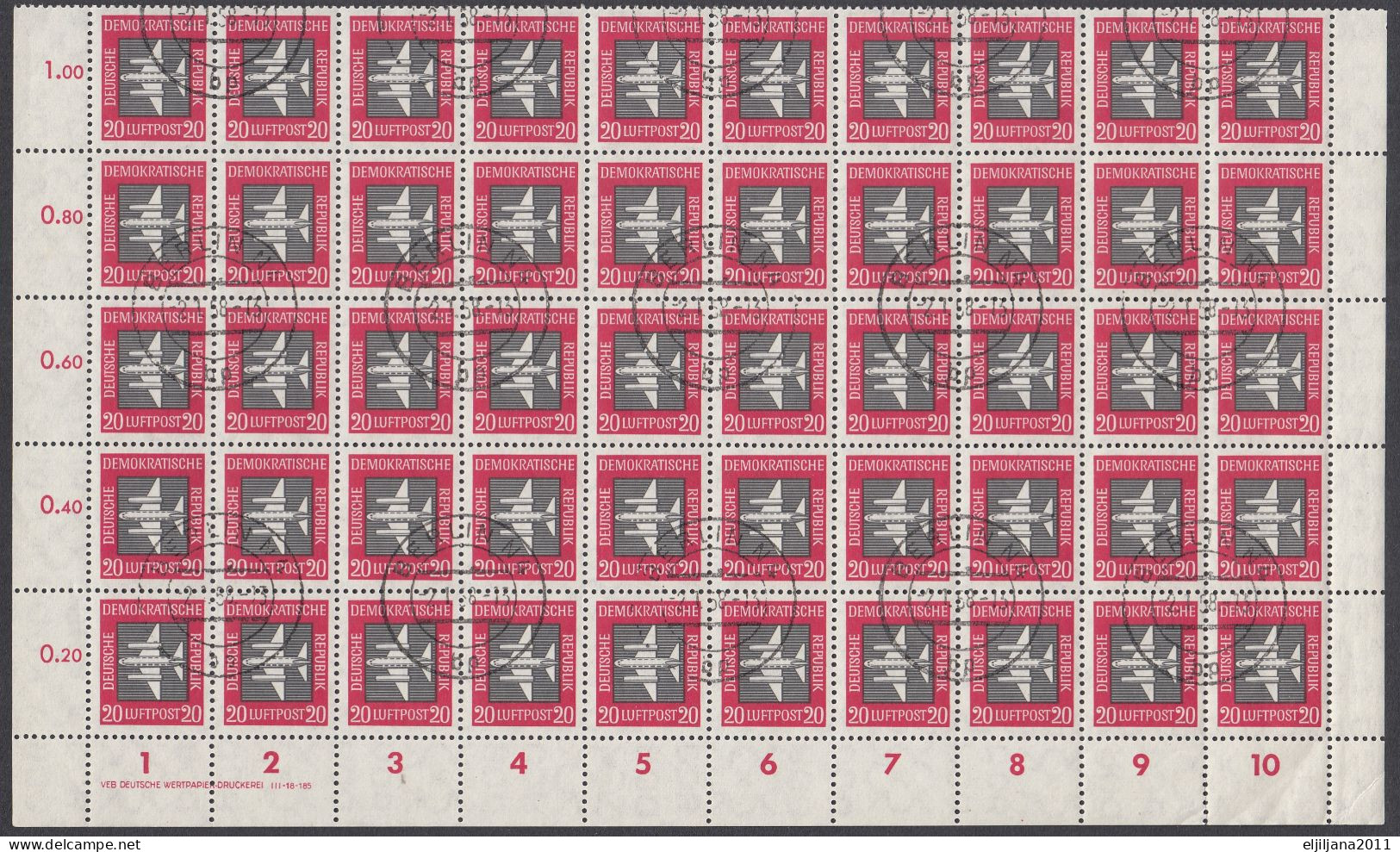 Action !! SALE !! 50 % OFF !! ⁕ DDR 1957 Germany ⁕ Airmail 20 Pf. Mi.610 ⁕ Used Sheet Of 100 Stamps ( 2 X 50 ) - 1950-1970