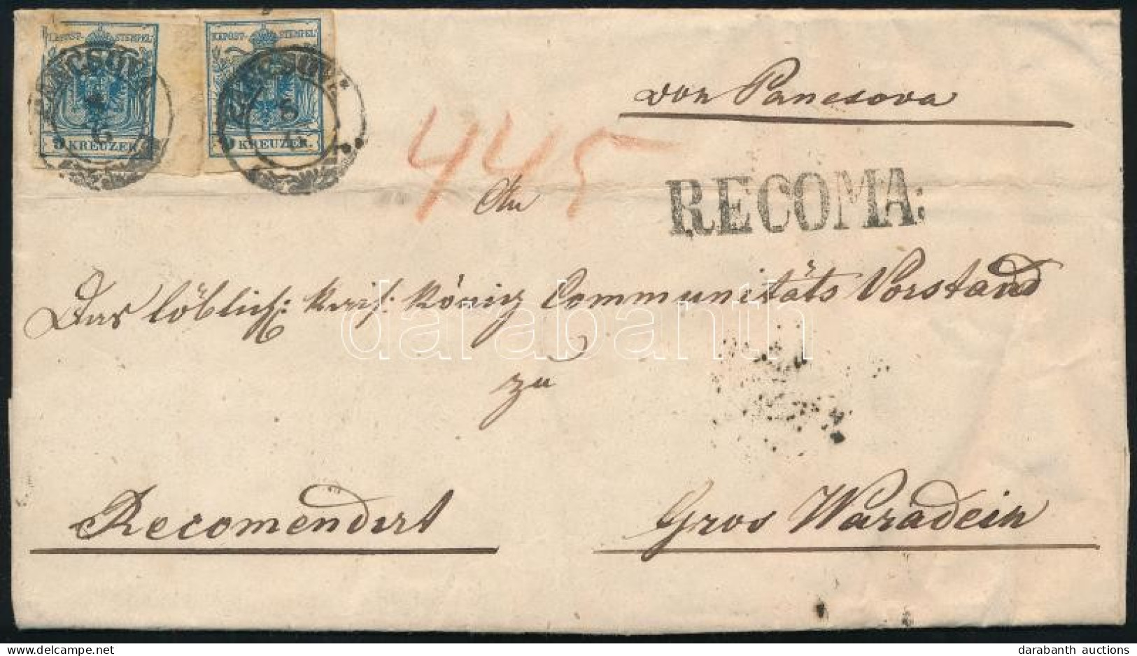 1855 2 X 9kr (az Egyik óriási ívszéllel) + 6kr Ajánlott, 2. Súlyfokozatú Levélen / 2 X 9kr (1 With Large Margin) + 6kr O - Altri & Non Classificati