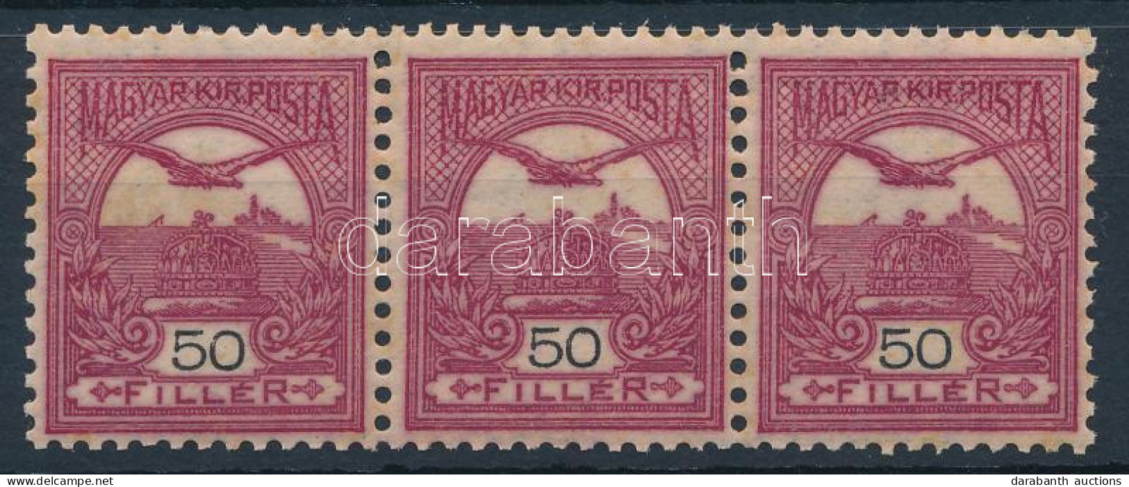 ** 1904 Turul 50f Sötétborvörös Hármascsík Fordított Vízjellel!!! 3. Vízjelállás (540.000++) / Mi 85b Stripe Of 3, Water - Sonstige & Ohne Zuordnung