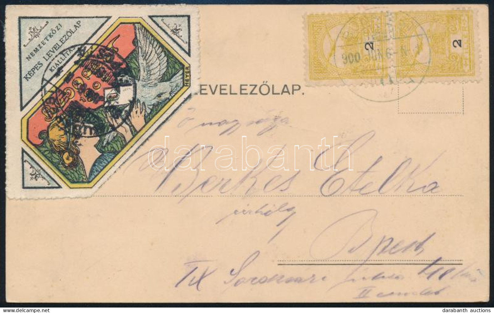 1900 Budapest Helyi Levelezőlap 2 Db Turul 2f Bélyeggel és Nemzetközi Képes Levelezőlap Kiállítás Levélzáróval / Local P - Other & Unclassified